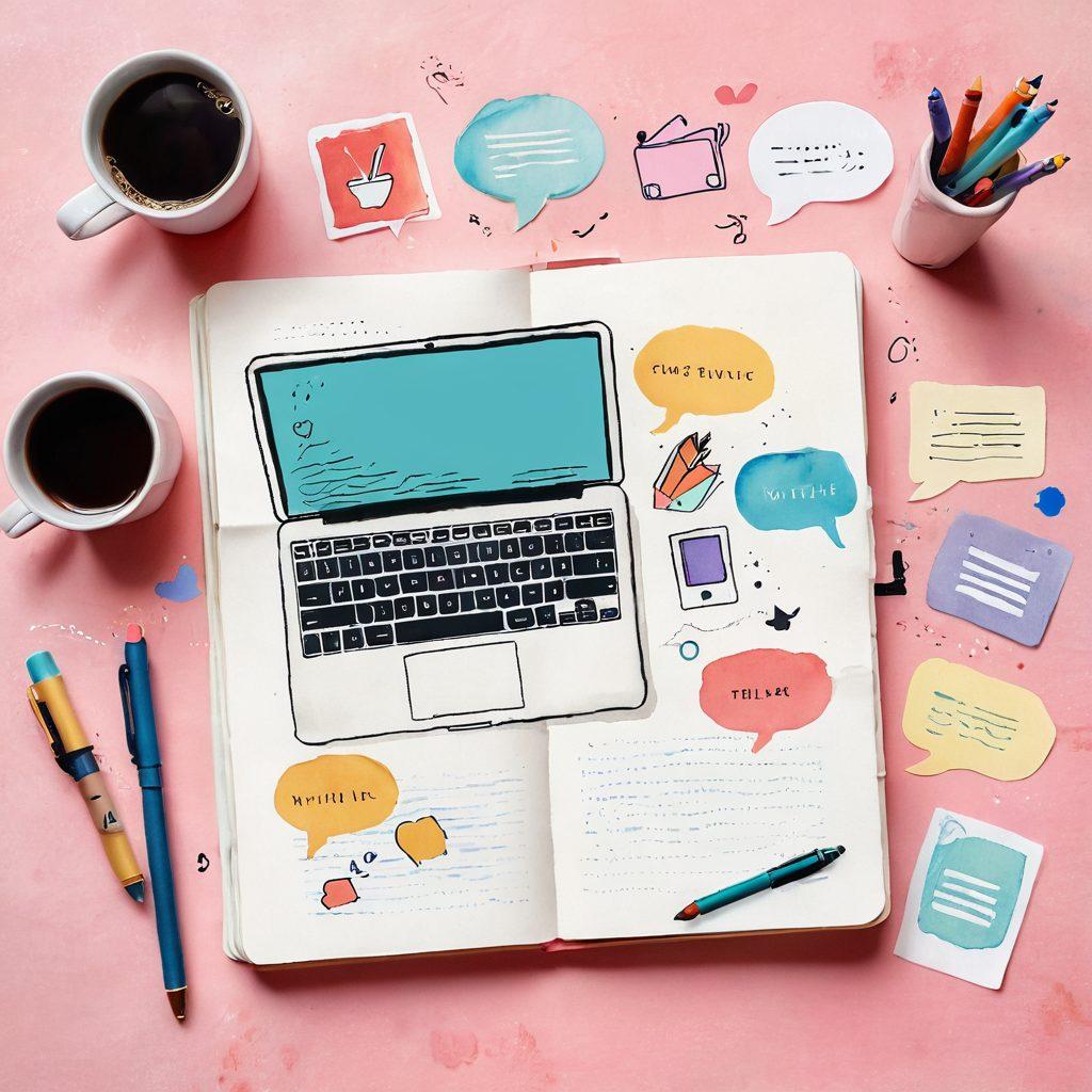A whimsical open diary with vibrant pages featuring colorful sketches of a laptop, a coffee cup, and a quill pen. Surrounding the diary are floating speech bubbles with social media icons and creative writing tips, all set against a soft pastel background. The scene evokes a sense of creativity and engagement in the blogging world. watercolor style. vibrant colors. softly blurred edges.