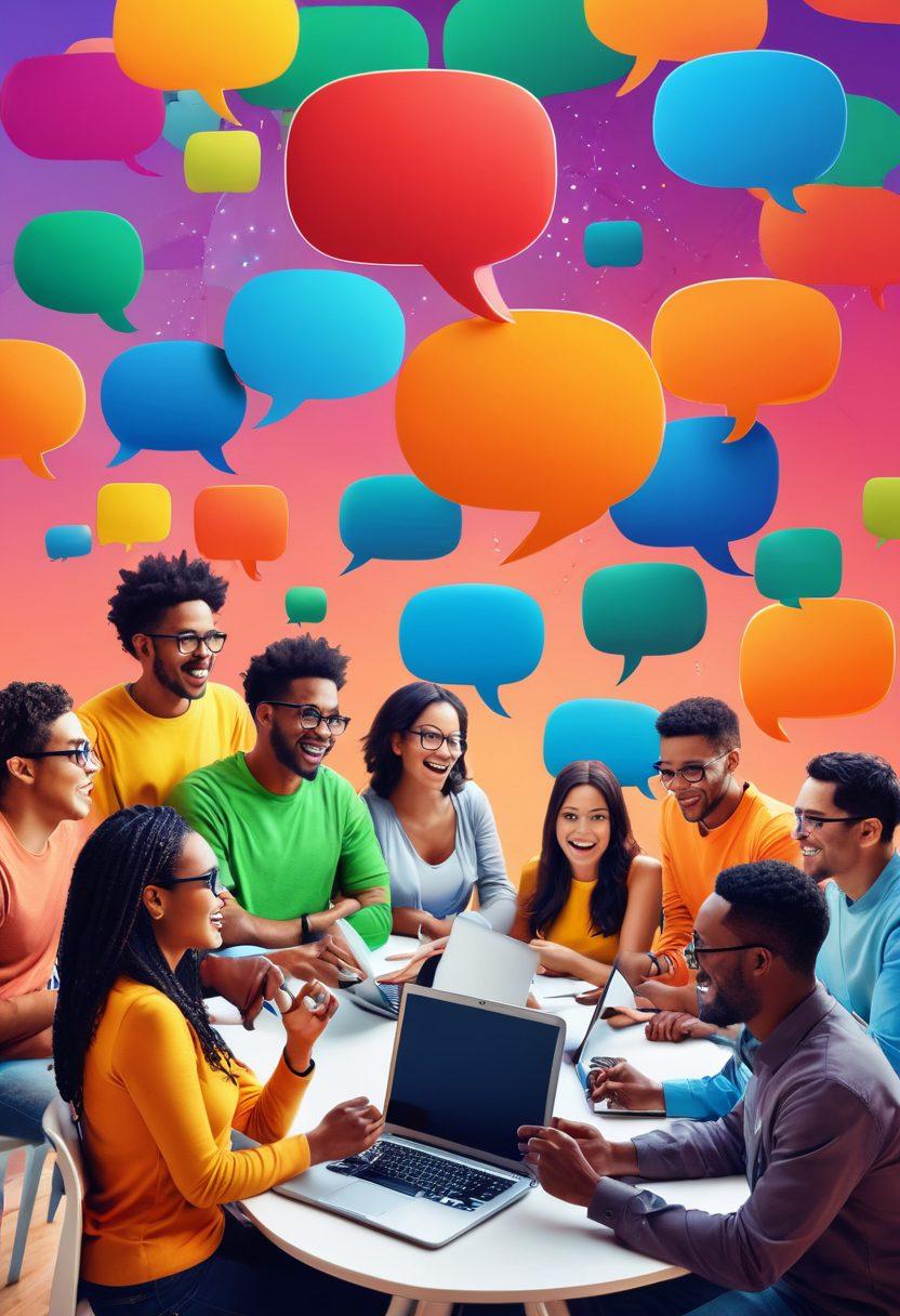 A vibrant illustration depicting a diverse group of individuals engaging in lively discussions online, with colorful speech bubbles showcasing ideas and strategies. Include elements like laptops, social media icons, and a digital community map connecting them. The background should be a bright and welcoming gradient, symbolizing growth. super-realistic. vibrant colors. 3D.